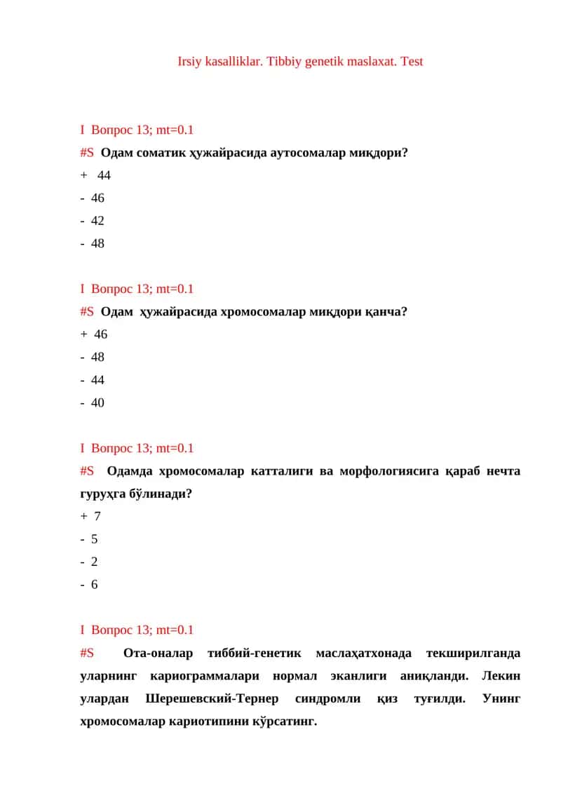 Irsiy kasalliklar. Tibbiy genetik maslaxat. Test