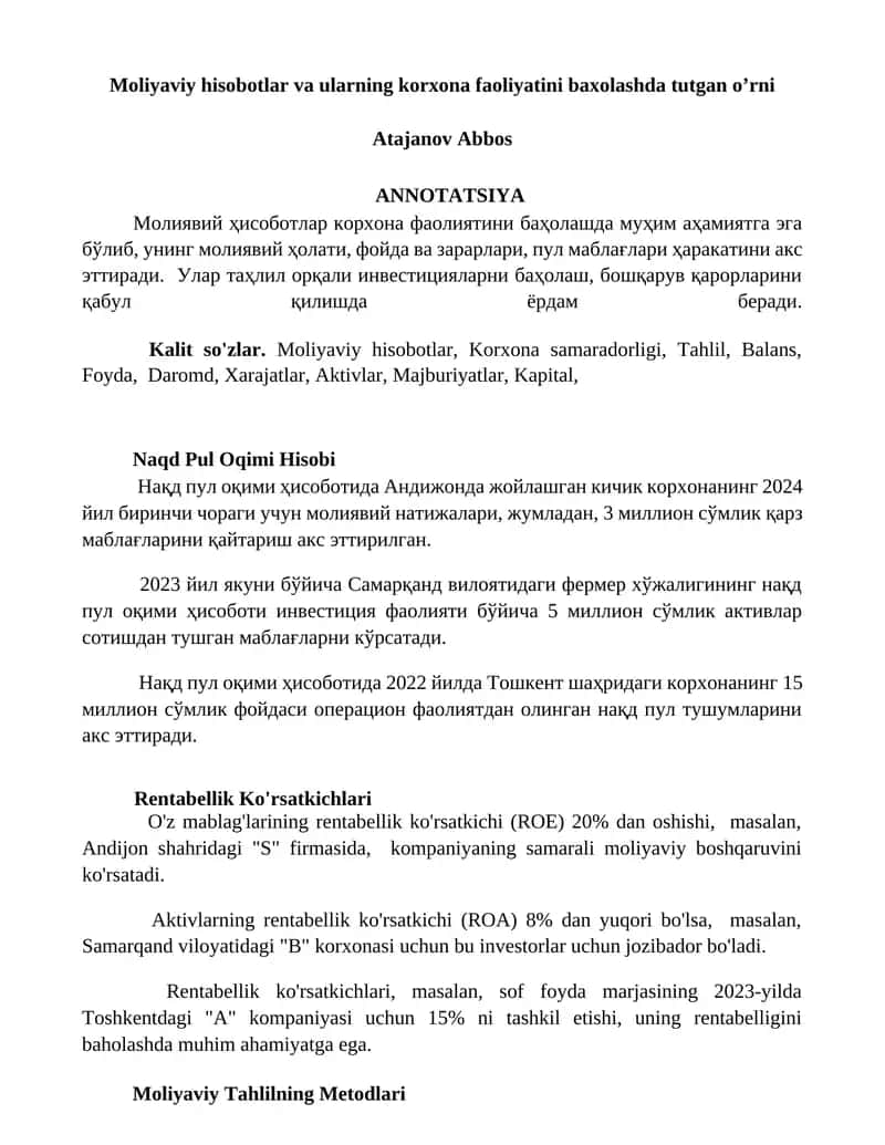 Moliyaviy hisobotlar va ularning korxona faoliyatini baxolashda tutgan o’rni