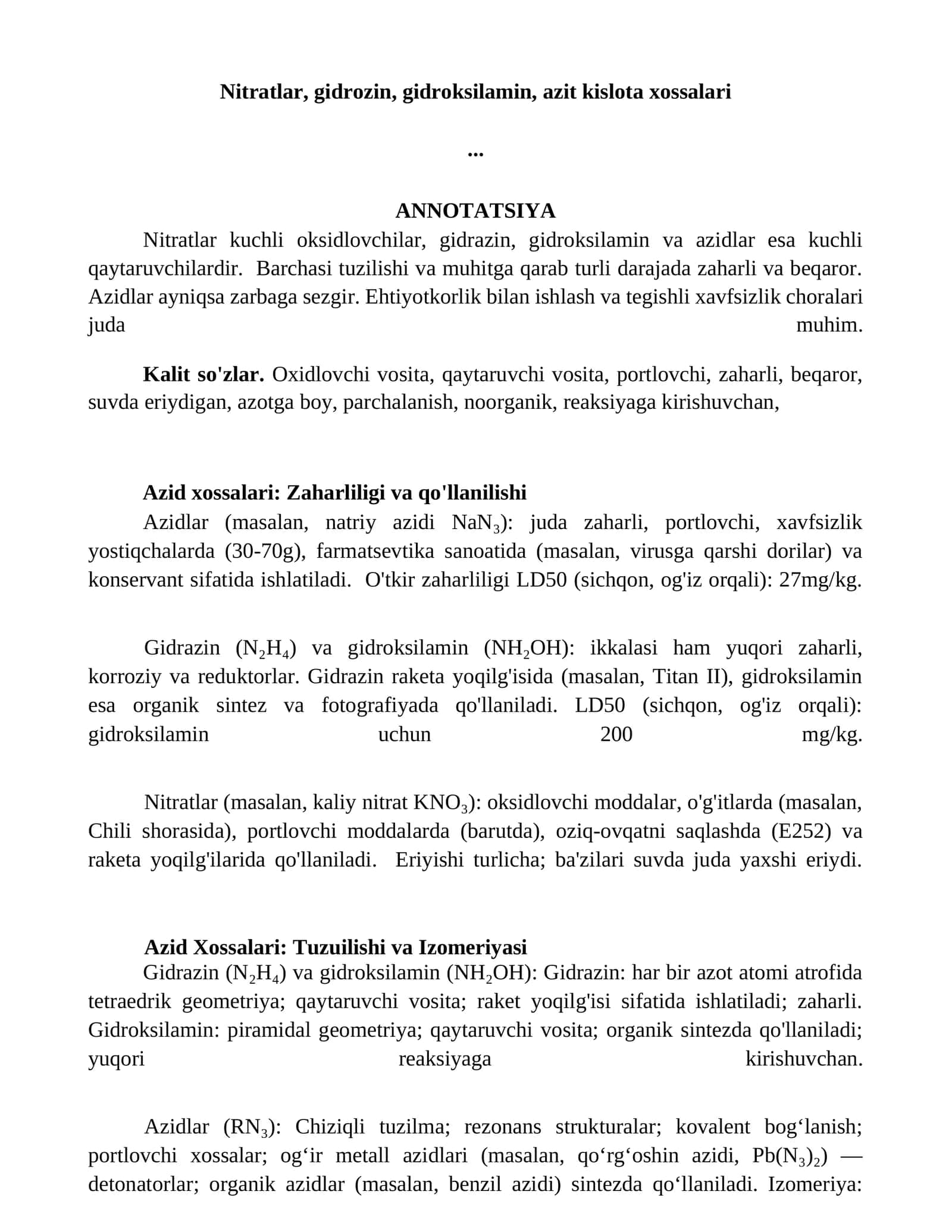 Azidlar va ularning xossalari