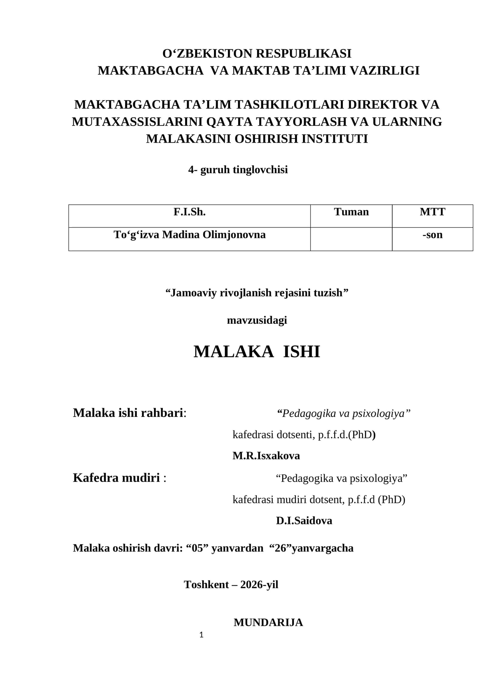 Malaka ishi - "Pedagogika va psixologiya"