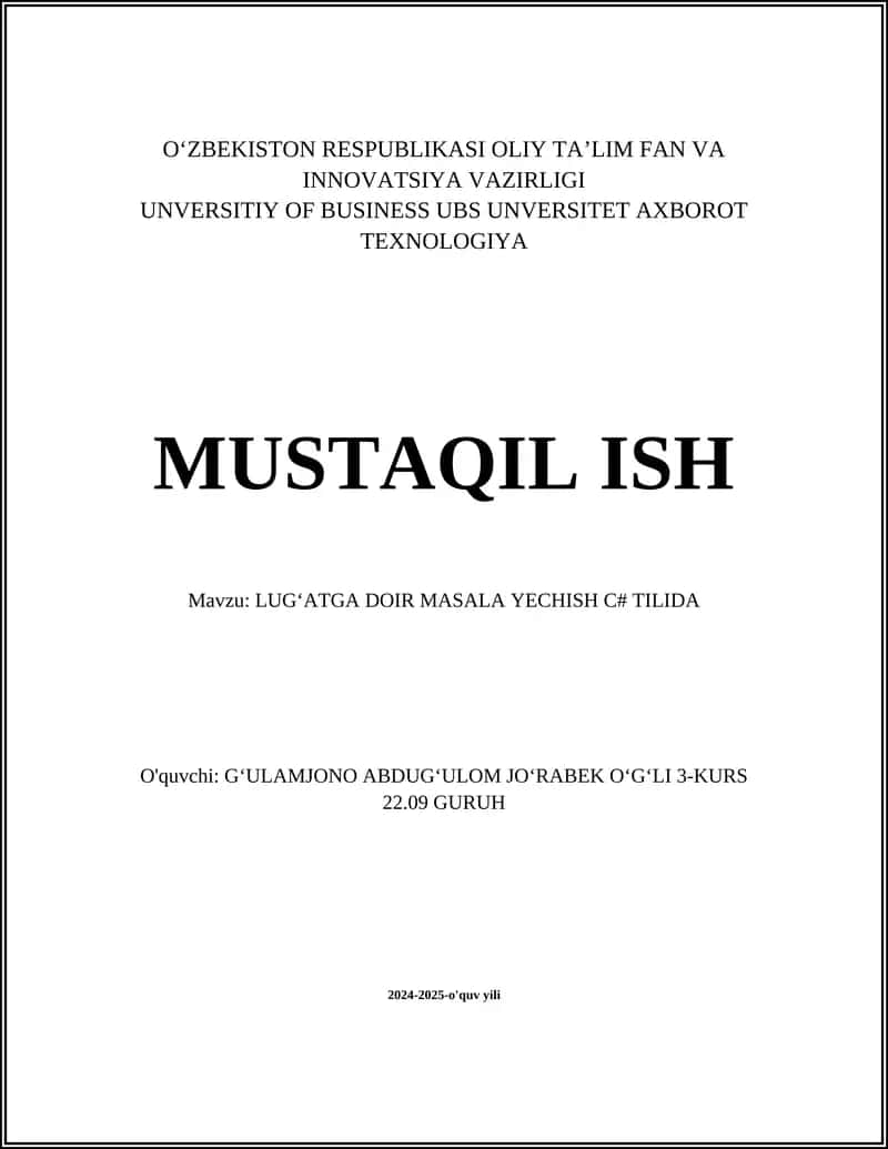 LUGʻATGA DOIR MASALA YECHISH C# TILIDA