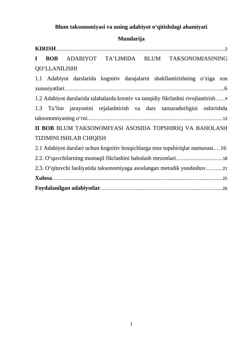Blum taksonomiyasi va uning adabiyot o‘qitishdagi ahamiyati
