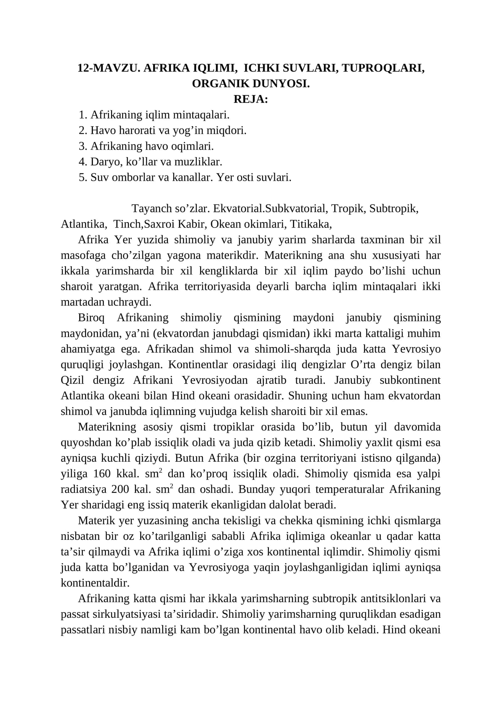 AFRIKA IQLIMI, ICHKI SUVLARI, TUPROQLARI, ORGANIK DUNYOSI