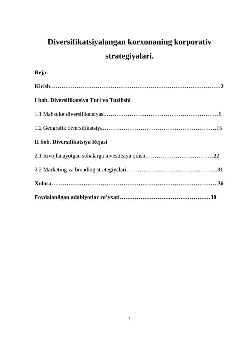 Diversifikatsiyalangan korxonaning korporativ strategiyalari