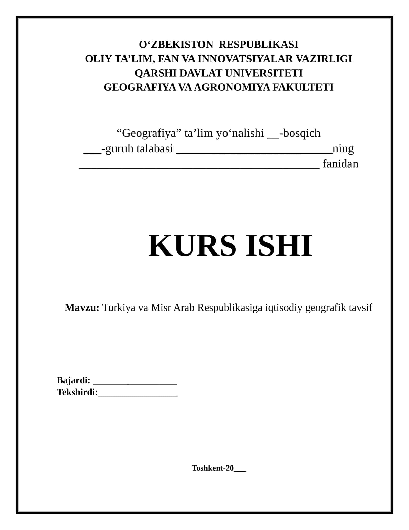 Turkiya va Misr Arab Respublikasiga iqtisodiy geografik tavsif