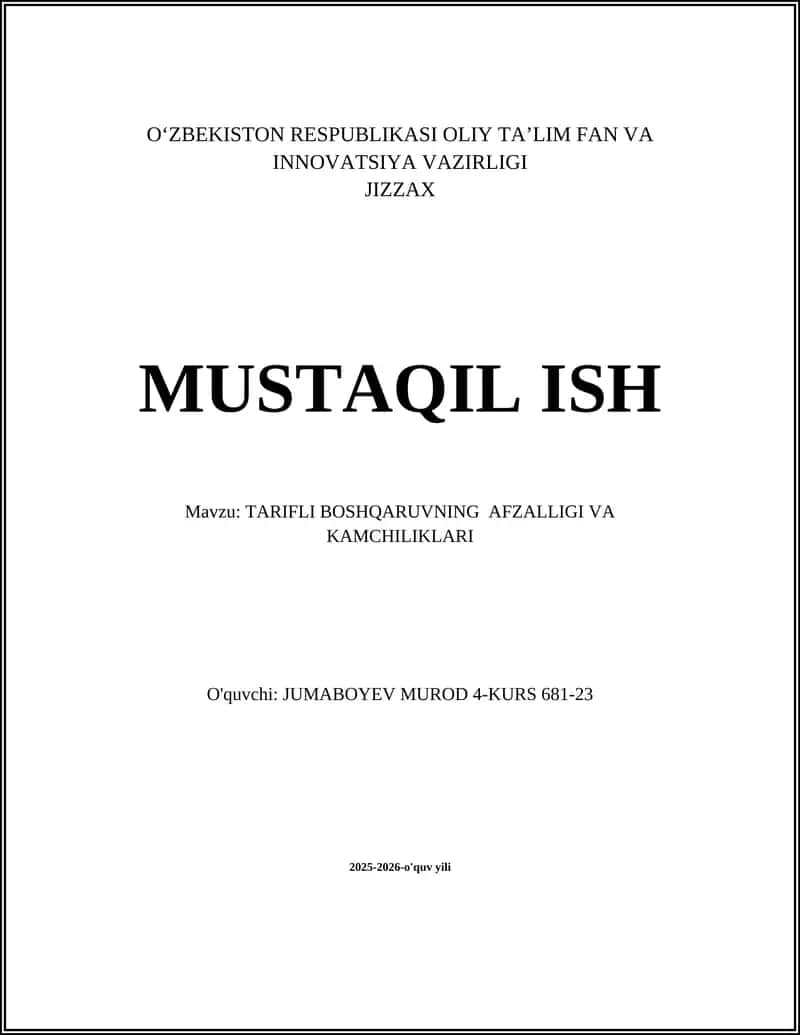 TARIFLI BOSHQARUVNING AFZALLIGI VA KAMCHILIKLARI