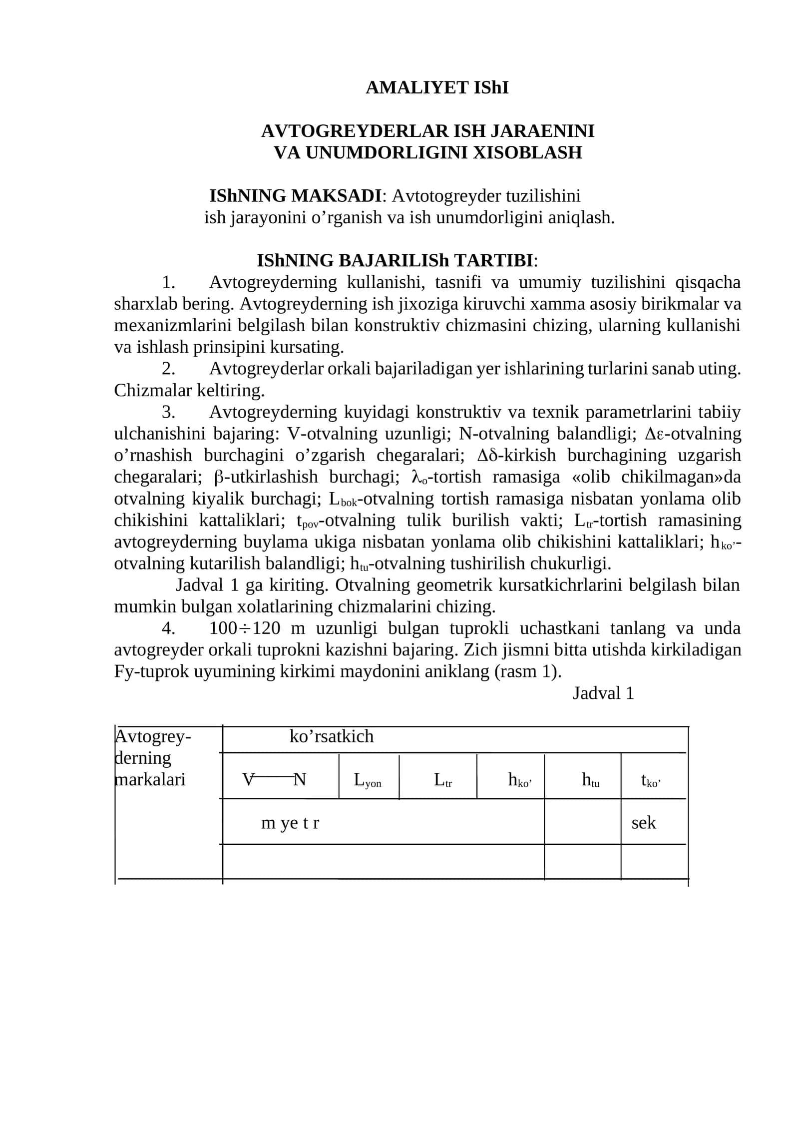 AVTOGREYDERLAR ISH JARAENINI VA UNUMDORLIGINI XISOBLASH