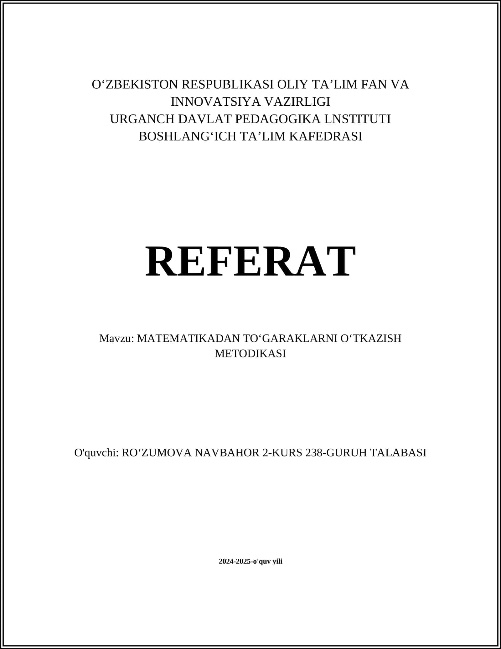 MATEMATIKADAN TOʻGARAKLARNI OʻTKAZISH METODIKASI