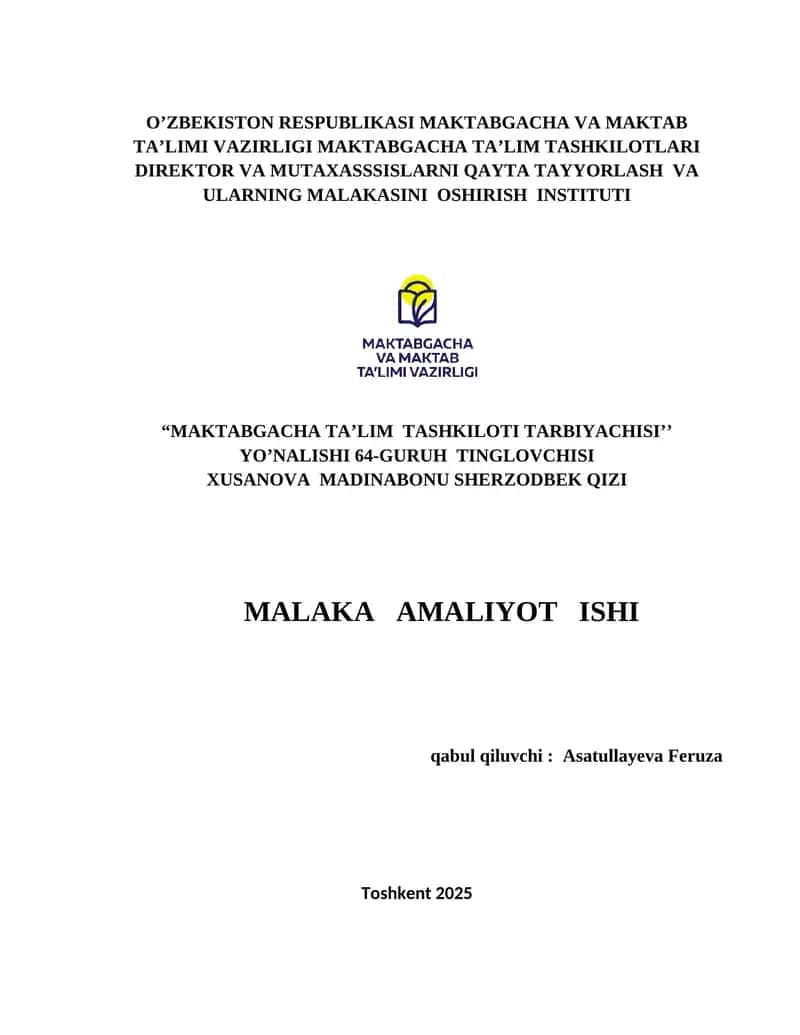 "MAKTABGACHA TA’LIM TASHKILOTI TARBIYACHISI"