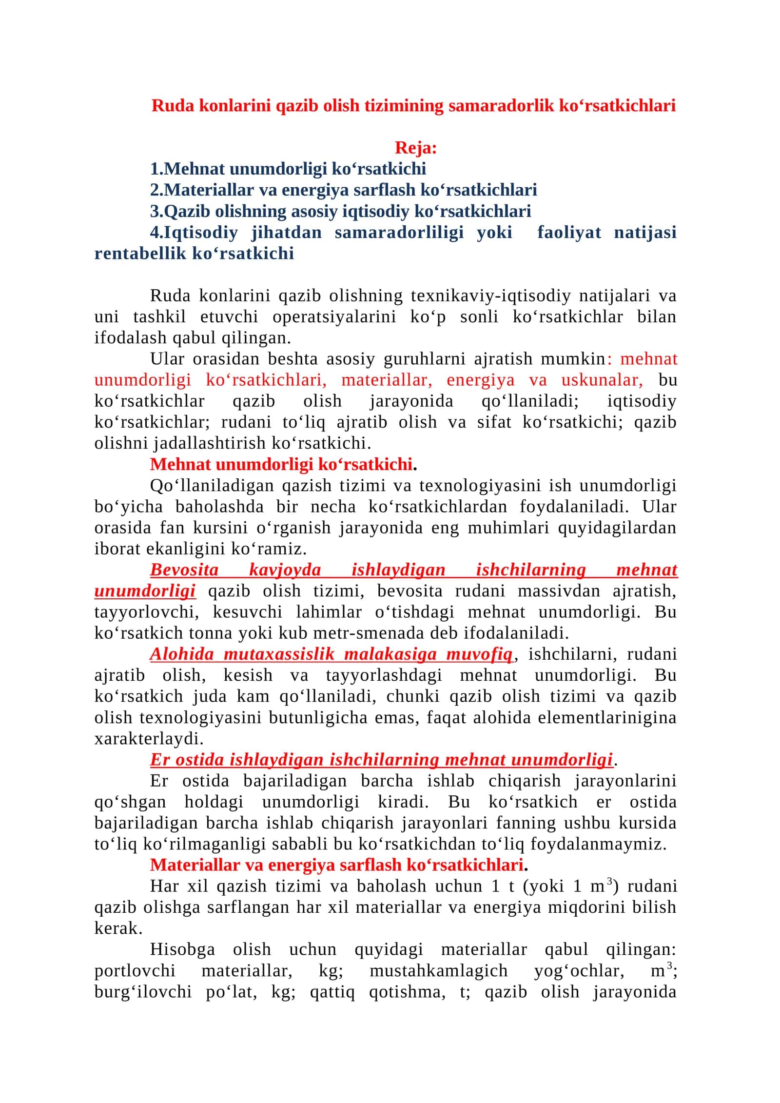 Ruda konlarini qazib olish tizimining samaradorlik ko‘rsatkichlari