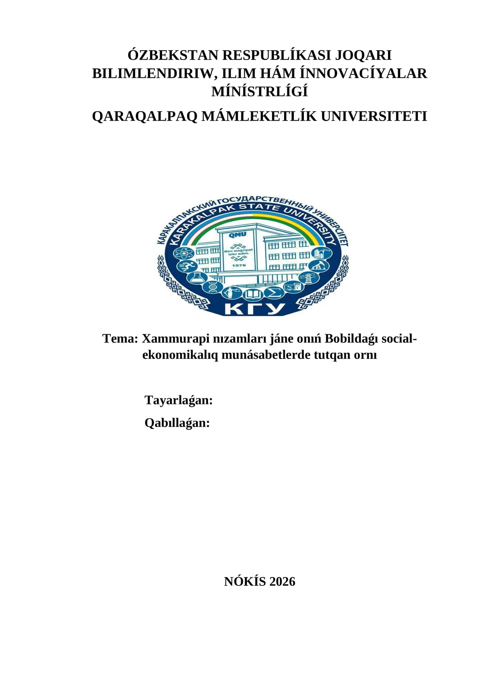 Xammurapi nızamları jáne onıń Bobildaǵı social-ekonomikalıq munásabetlerde tutqan ornı