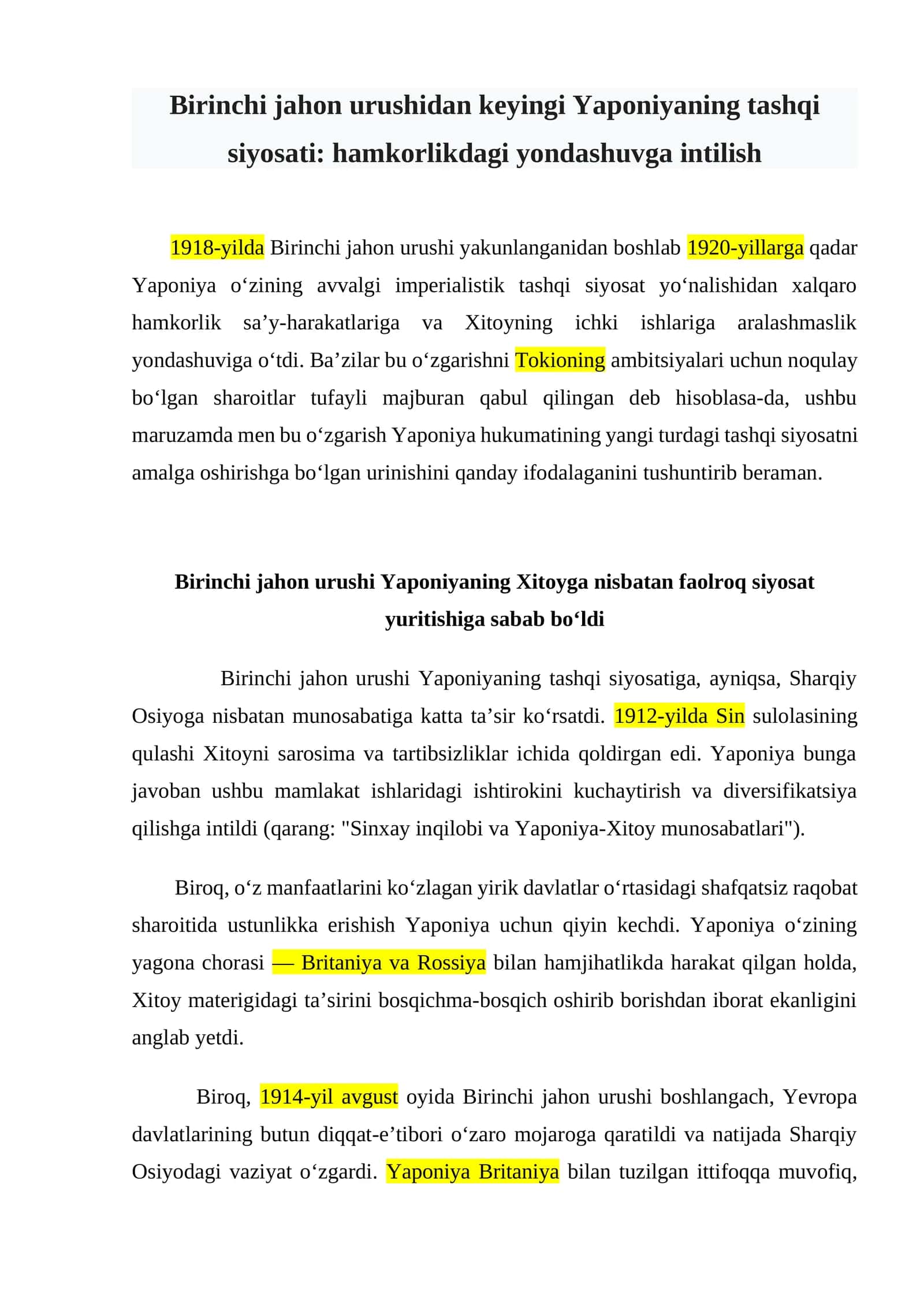 Birinchi jahon urushidan keyingi Yaponiyaning tashqi siyosati: hamkorlikdagi yondashuvga intilish