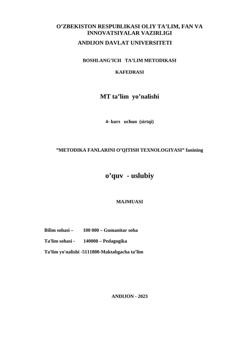 METODIKA FANLARINI O’QITISH TEXNOLOGIYASI