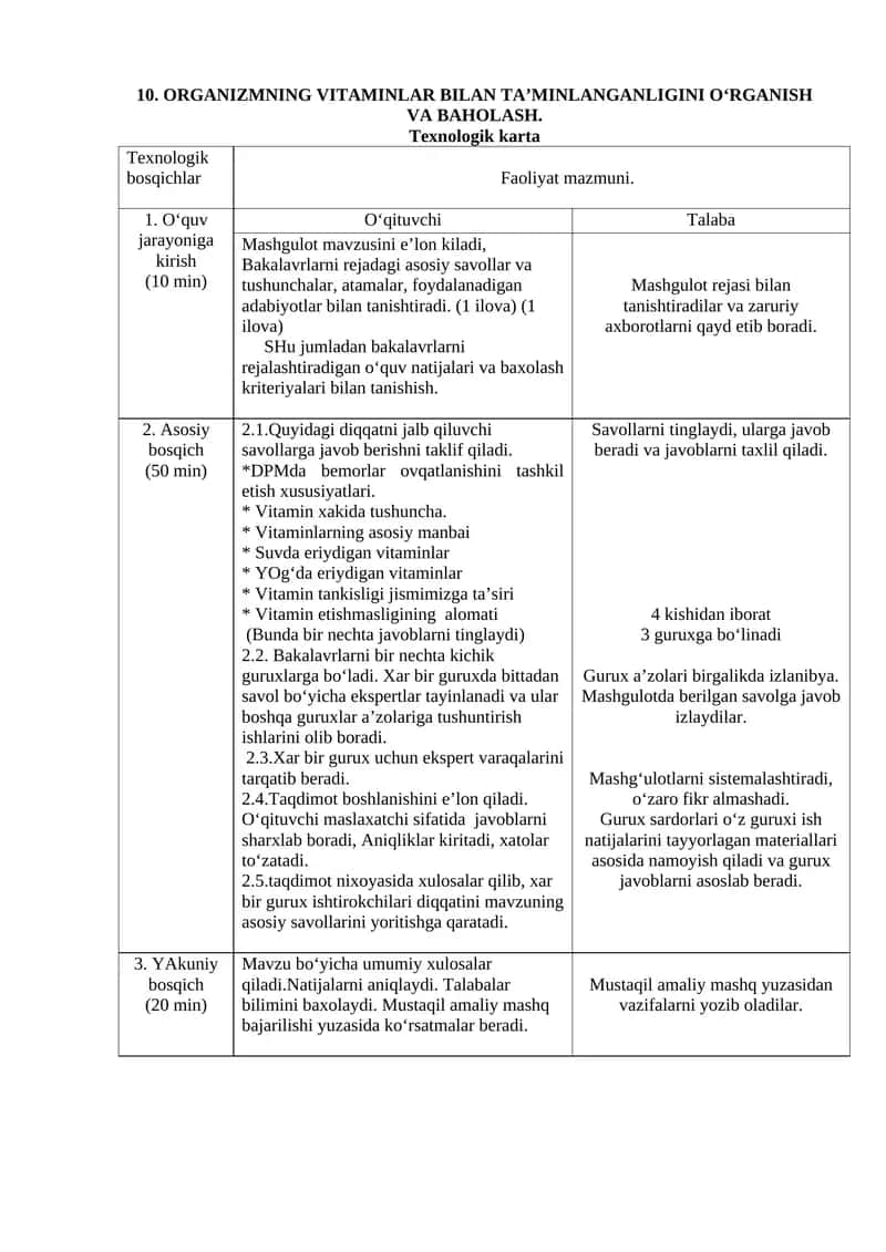 ORGANIZMNING VITAMINLAR BILAN TA’MINLANGANLIGINI O‘RGANISH VA BAHOLASH