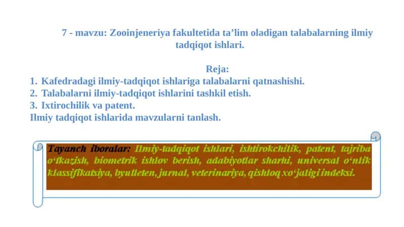 Zooinjeneriya fakultetidagi ilmiy-tadqiqot ishlari