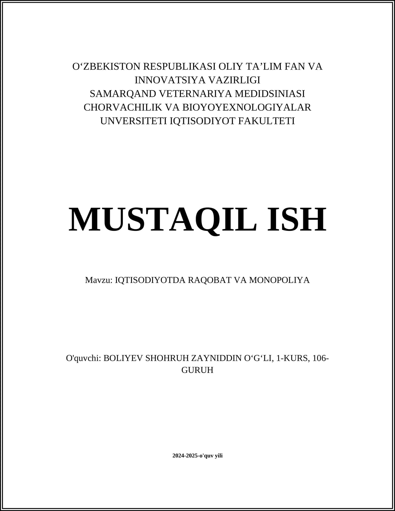 IQTISODIYOTDA RAQOBAT VA MONOPOLIYA