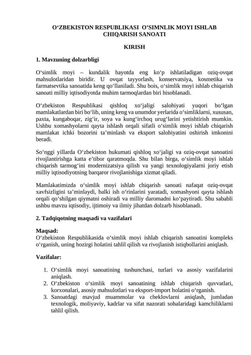 O‘ZBEKISTON RESPUBLIKASI O’SIMNLIK MOYI ISHLAB CHIQARISH SANOATI