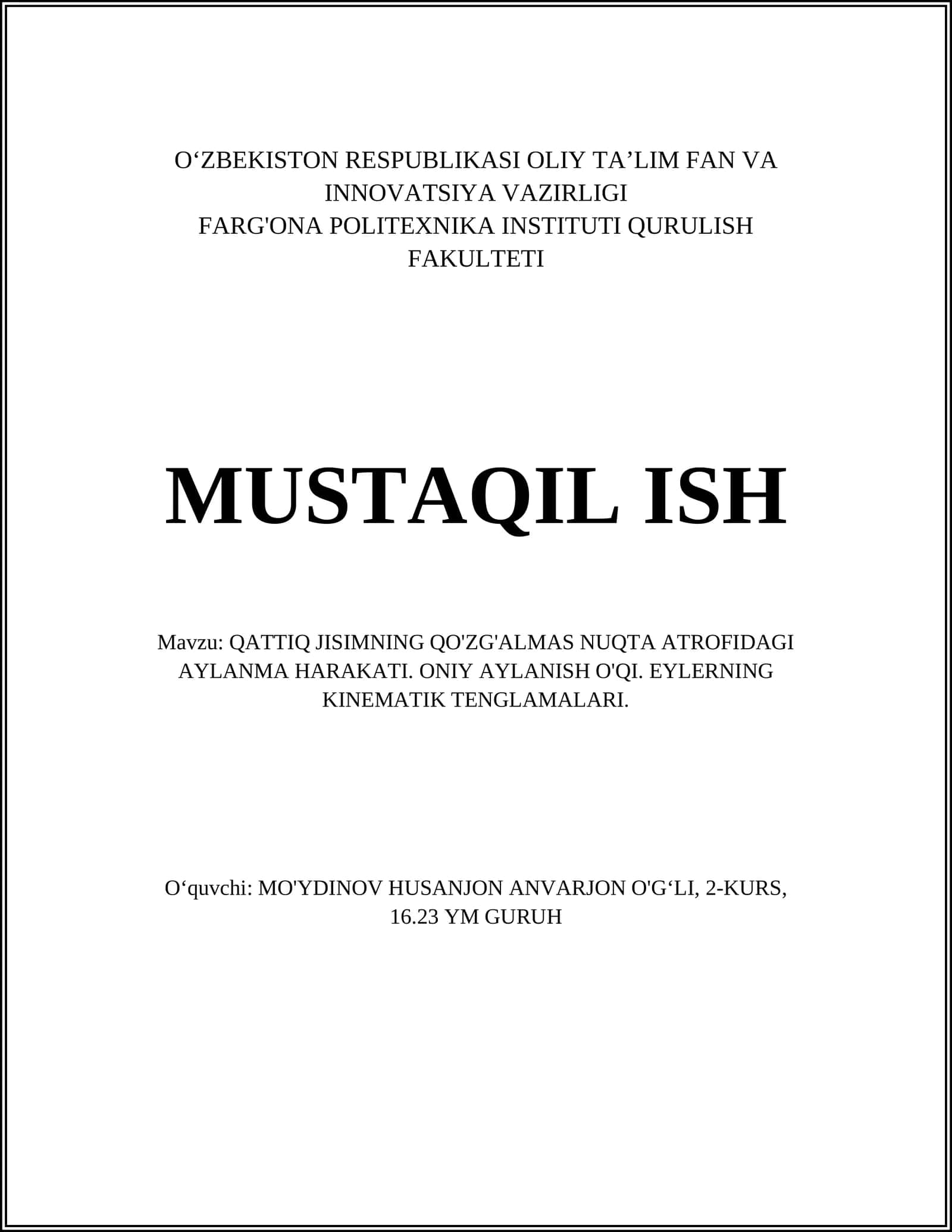 QATTIQ JISIMNING QO'ZG'ALMAS NUQTA ATROFIDAGI AYLANMA HARAKATI