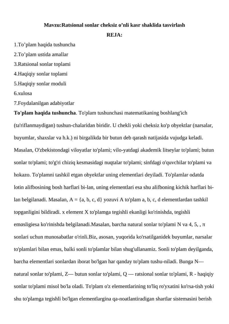Ratsional sonlar cheksiz o’nli kasr shaklida tasvirlash