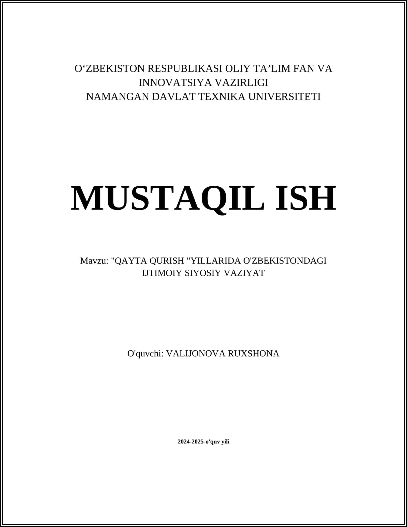 QAYTA QURISH "YILLARIDA O'ZBEKISTONDAGI IJTIMOIY SIYOSIY VAZIYAT
