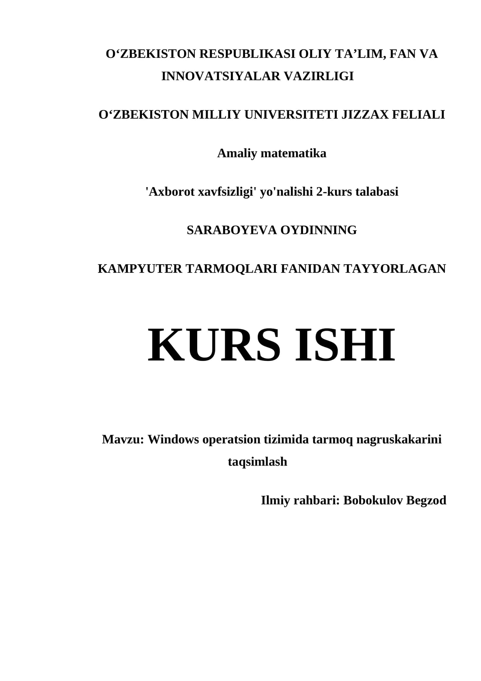 KAMPYUTER TARMOQLARI FANIDAN TAYYORLAGAN KURS ISHI