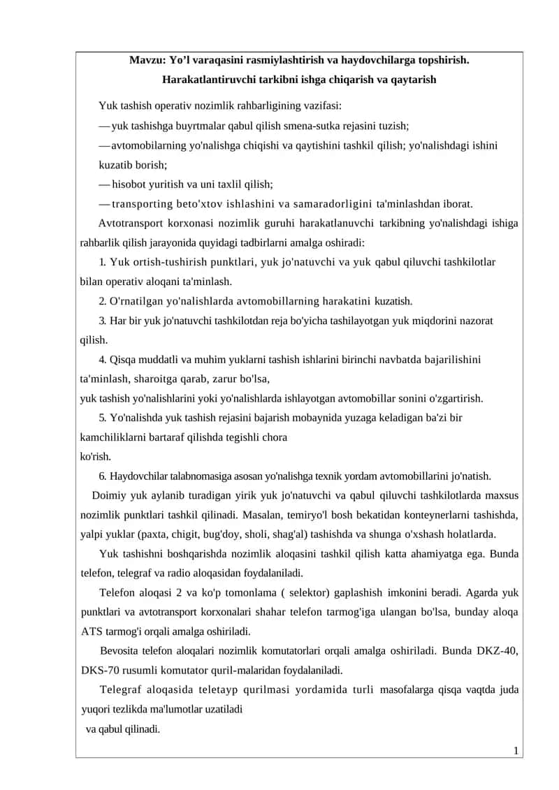 Avtotransport korxonasi nozimlik guruhi harakatlanuvchi tarkib
