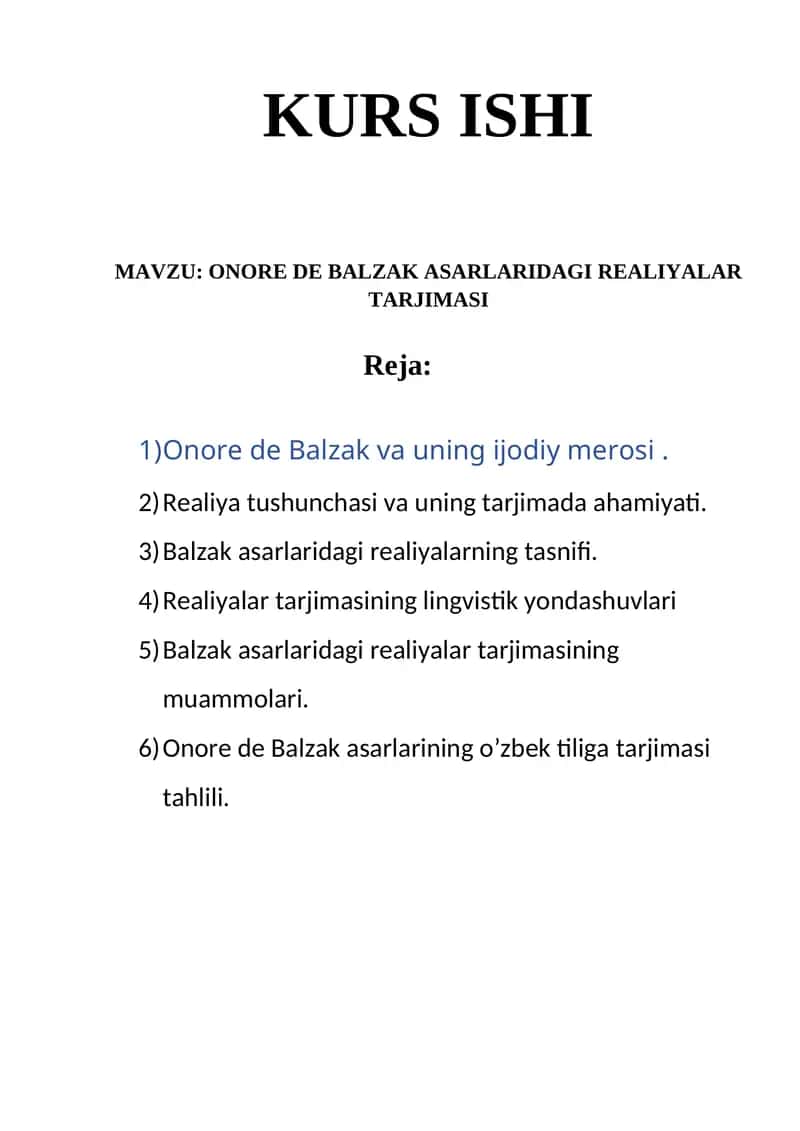 Onore de Balzak asarlaridagi realiyalar tarjimasi