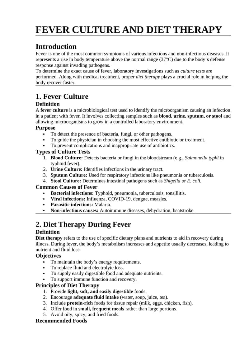 FEVER CULTURE AND DIET THERAPY