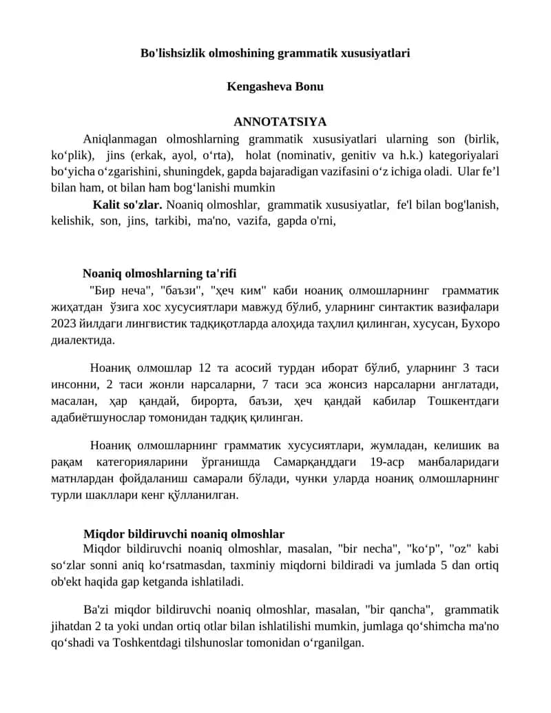 Bo'lishsizlik olmoshining grammatik xususiyatlari