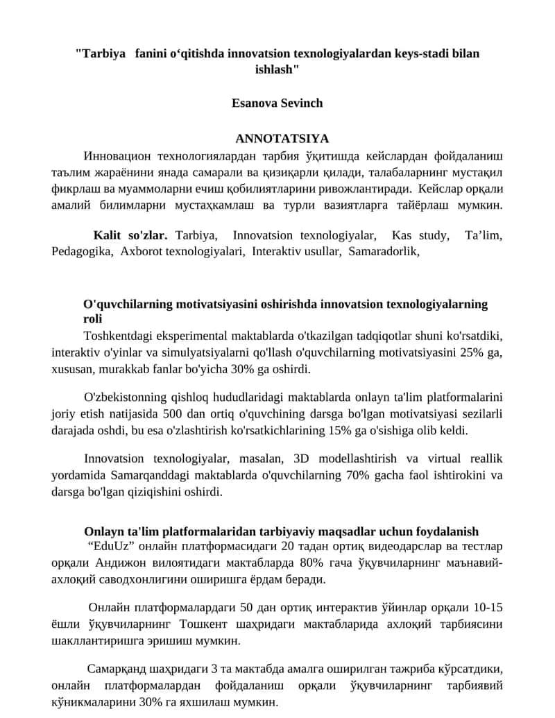 Tarbiya fanini o‘qitishda innovatsion texnologiyalardan keys-stadi bilan ishlash
