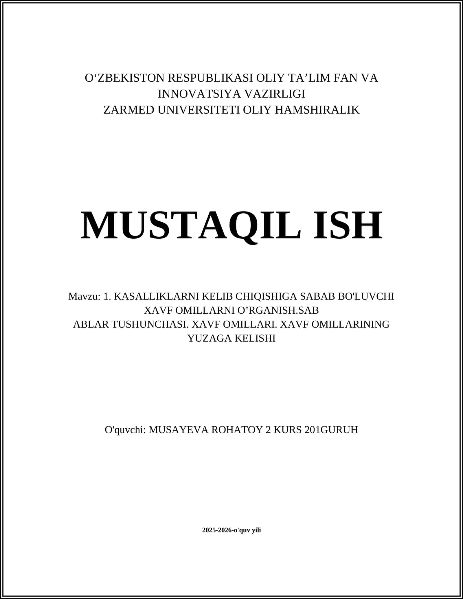 KASALLIKLARNI KELIB CHIQISHIGA SABAB BO'LUVCHI XAVF OMILLARNI O’RGANISH. SABLAR TUSHUNCHASI. XAVF OMILLARI. XAVF OMILLARINING YUZAGA KELISHI