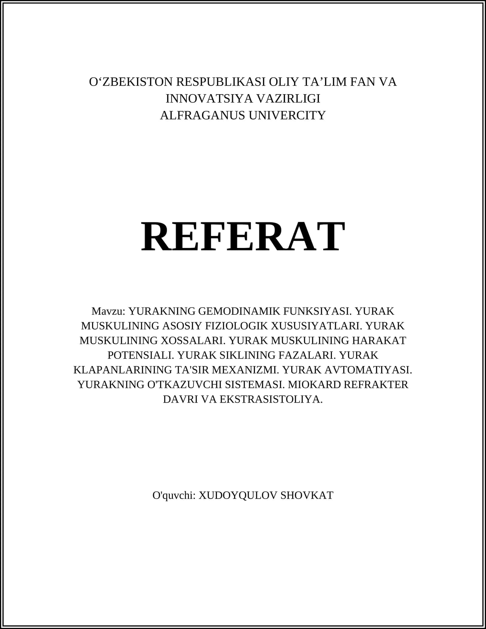 YURAKNING GEMODINAMIK FUNKSIYASI. YURAK MUSKULINING ASOSIY FIZIOLOGIK XUSUSIYATLARI. YURAK MUSKULINING XOSSALARI. YURAK MUSKULINING HARAKAT POTENSIALI. YURAK SIKLINING FAZALARI. YURAK KLAPANLARINING TA'SIR MEXANIZMI. YURAK AVTOMATIYASI. YURAKNING O'TKAZUVCHI SISTEMASI. MIOKARD REFRAKTER DAVRI VA EKSTRASISTOLIYA