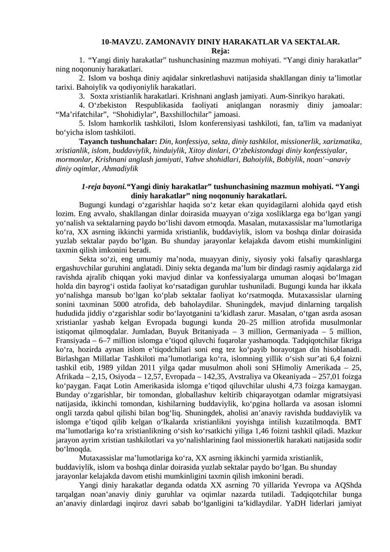 ZAMONAVIY DINIY HARAKATLAR VA SEKTALAR