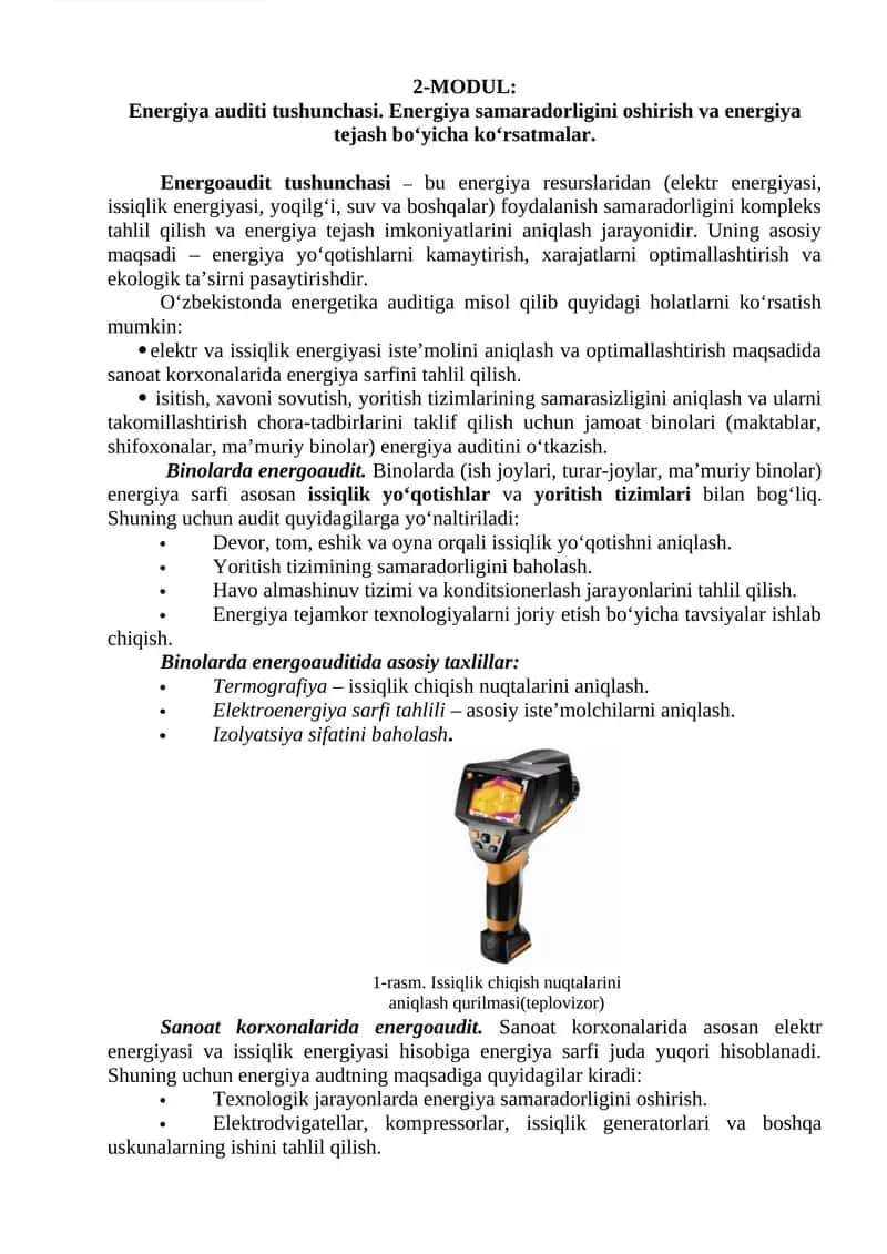 2-MODUL: Energiya auditi tushunchasi. Energiya samaradorligini oshirish va energiya tejash bo‘yicha ko‘rsatmalar.