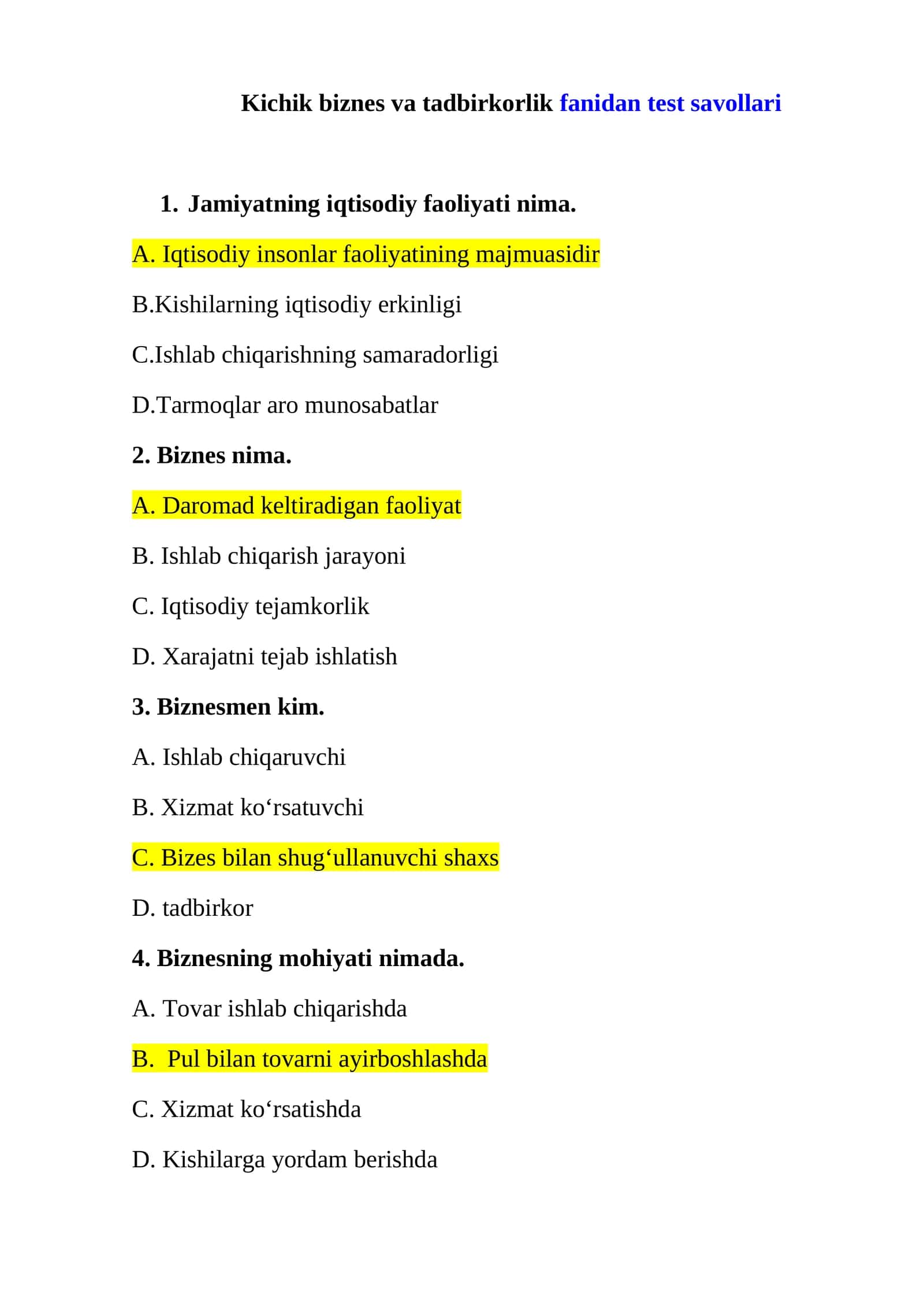 Iqtisodiy xavfsizlik fanidan test savollari