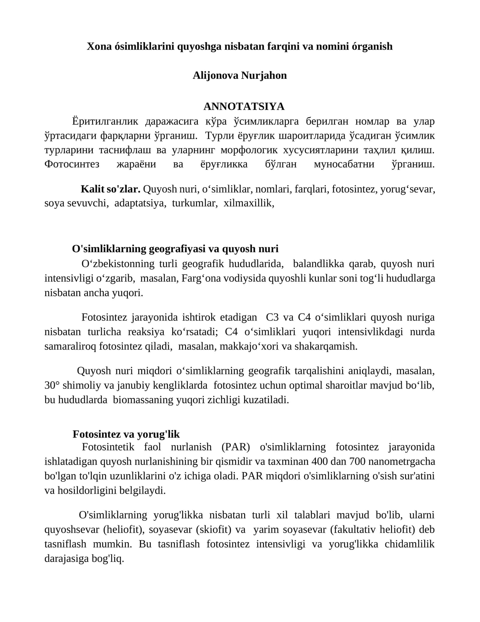O'simliklarning geografiyasi va quyosh nuri