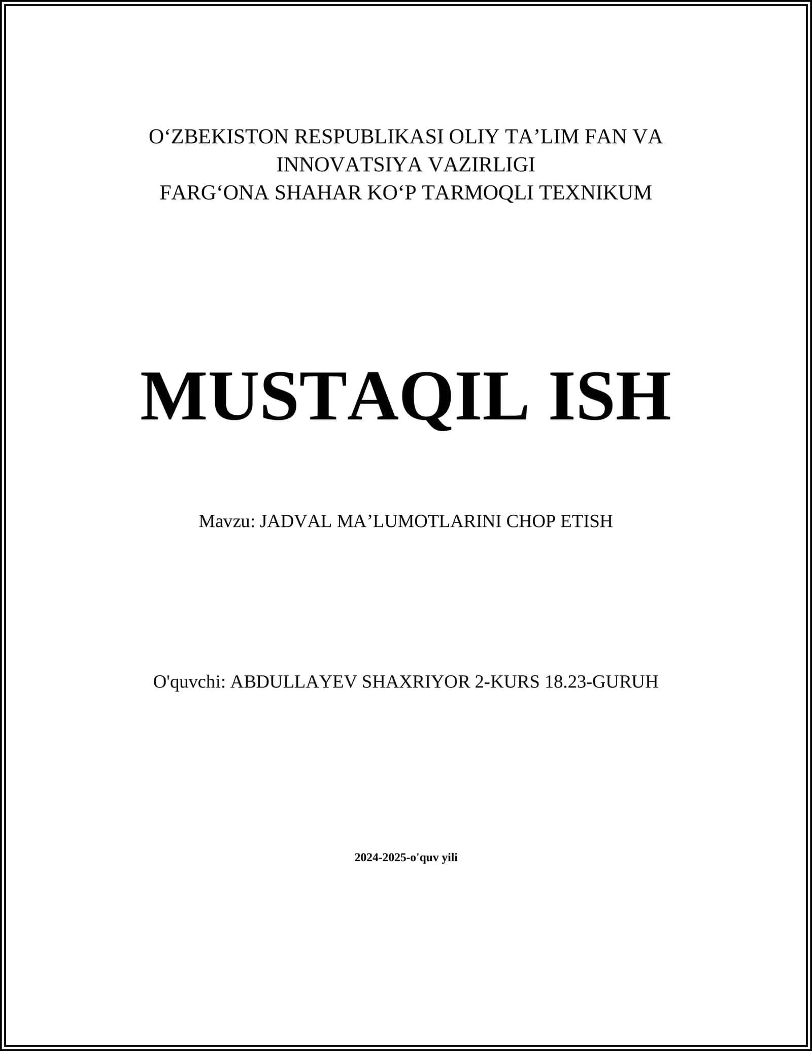 JADVAL MAʼLUMOTLARINI CHOP ETISH