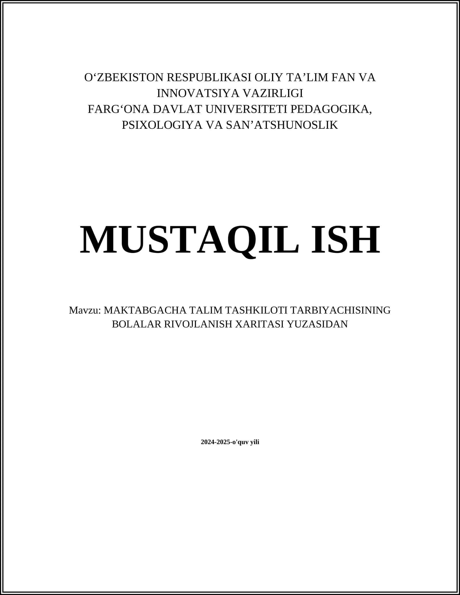 MAKTABGACHA TALIM TASHKILOTI TARBIYACHISINING BOLALAR RIVOJLANISH XARITASI YUZASIDAN