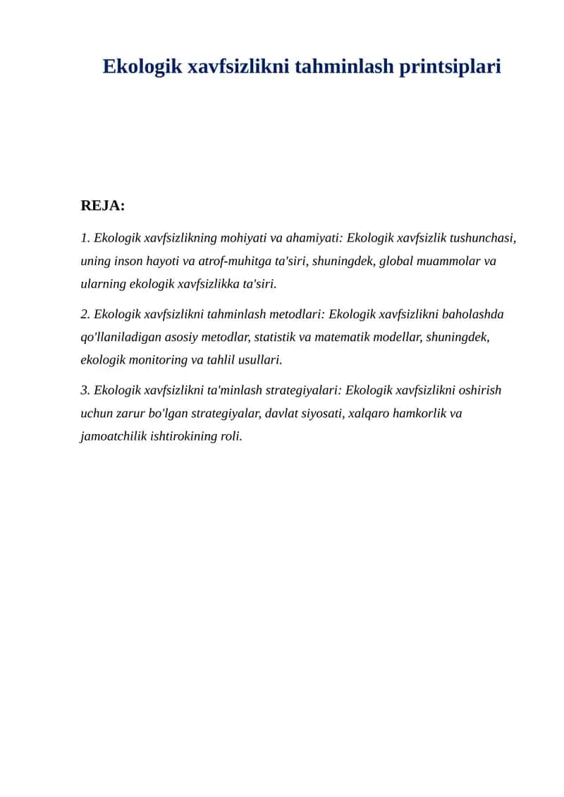 Ekologik xavfsizlikni tahminlash printsiplari