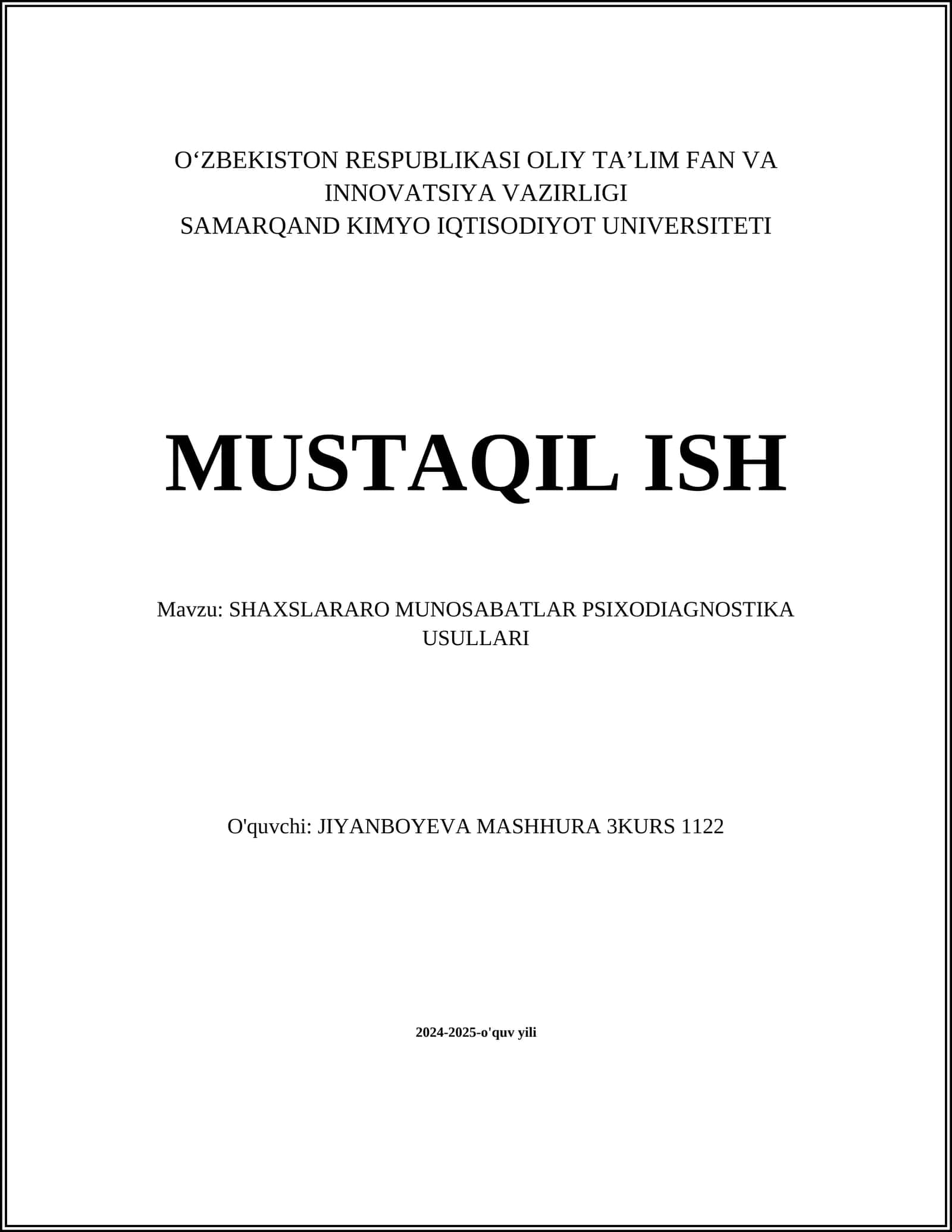 SHAXSLARARO MUNOSABATLAR PSIXODIAGNOSTIKA USULLARI