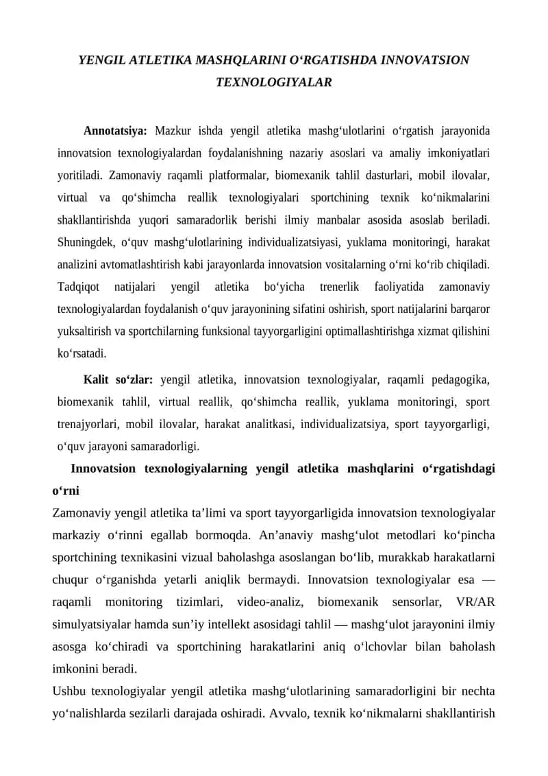 YENGIL ATLETIKA MASHQLARINI OʻRGATISHDA INNOVATSION TEXNOLOGIYALAR