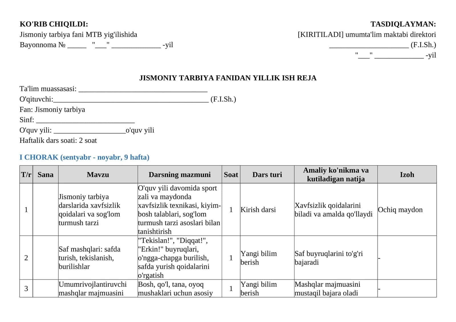 Jismoniy tarbiya fanidan yillik ish reja namunasi Jismoniy tarbiya yillik ish reja