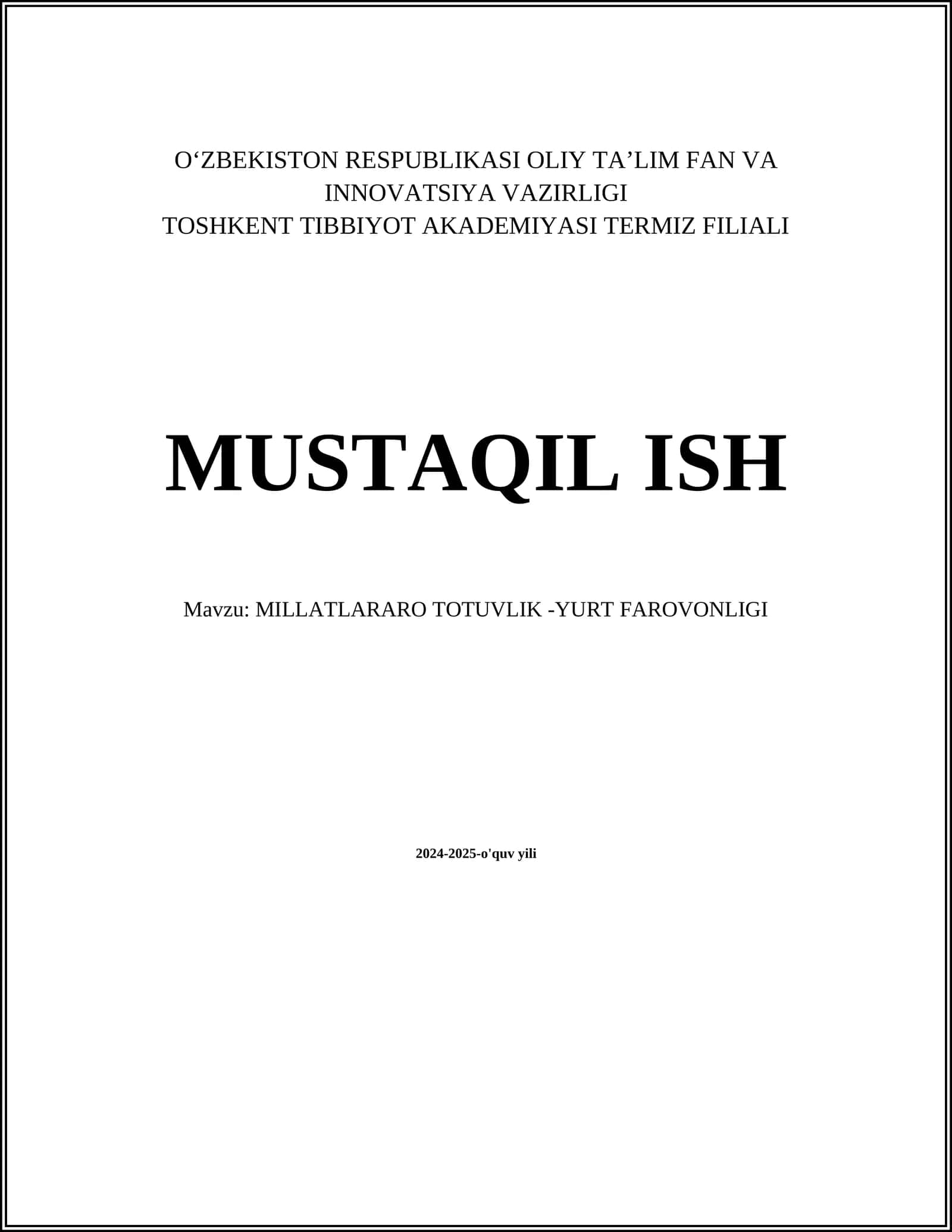 MILLATLARARO TOTUVLIK -YURT FAROVONLIGI