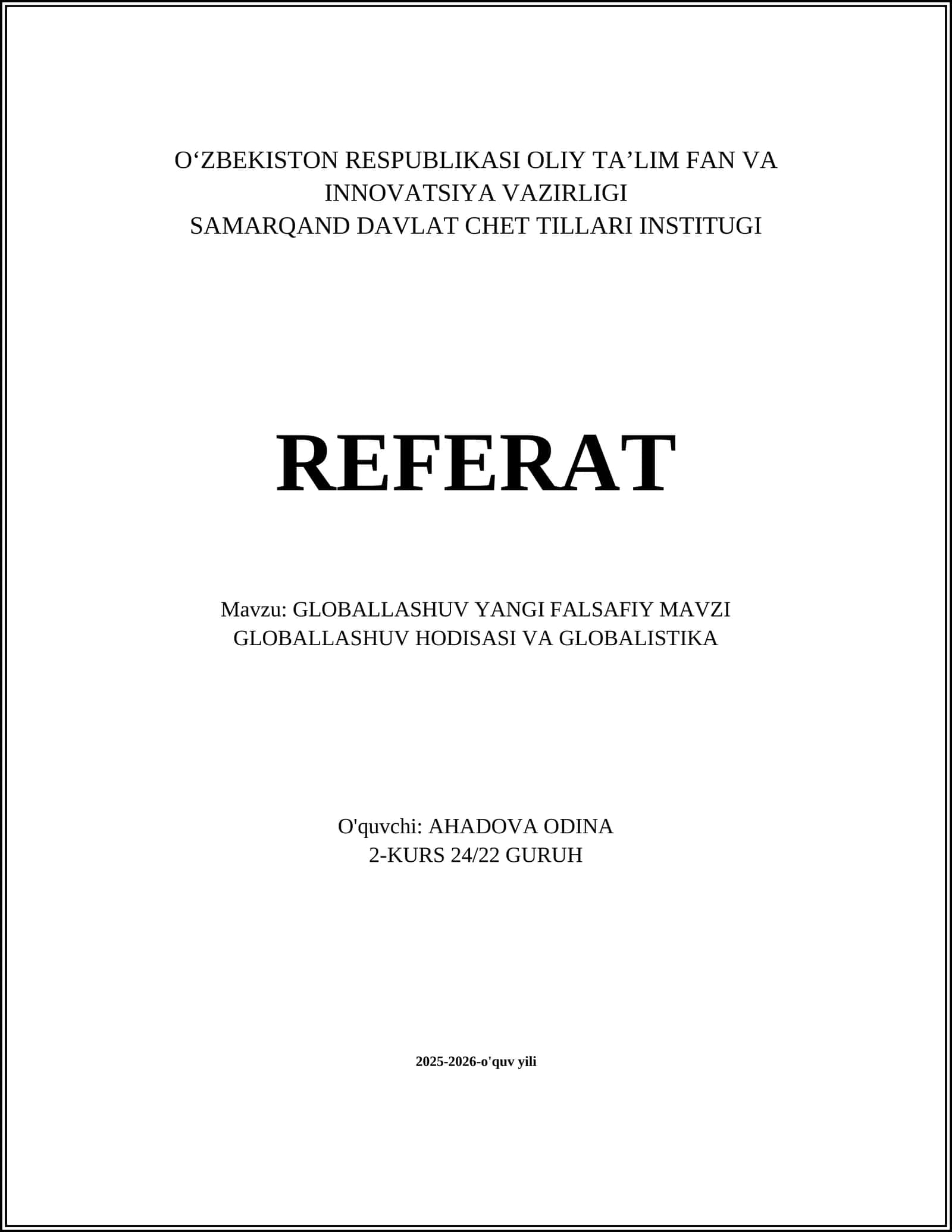 GLOBALLASHUV YANGI FALSAFIY MAVZI GLOBALLASHUV HODISASI VA GLOBALISTIKA