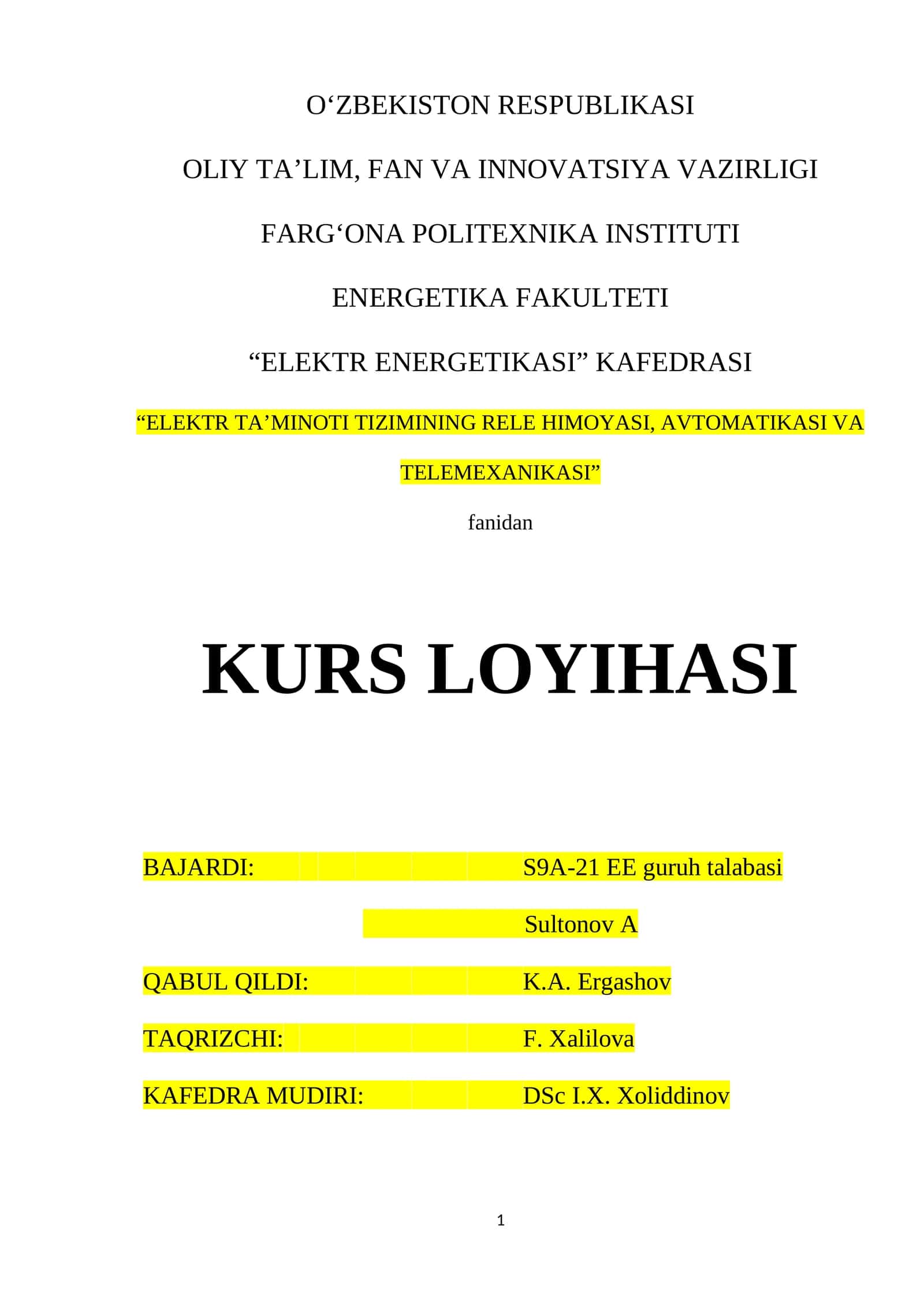Elektr Energetikasi Kafedrasi Kurs Loyihasi