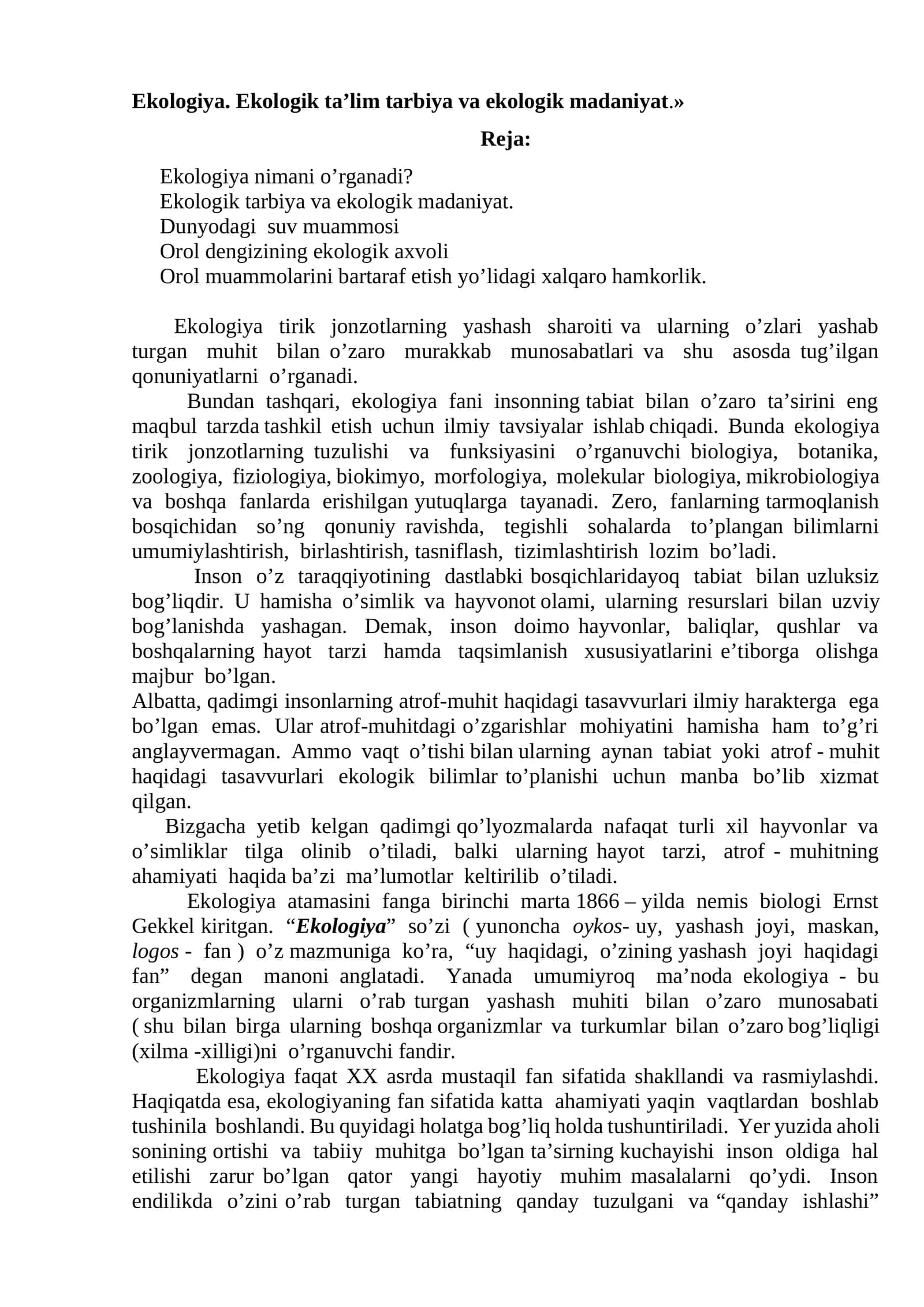 Ekologiya. Ekologik ta’lim tarbiya va ekologik madaniyat