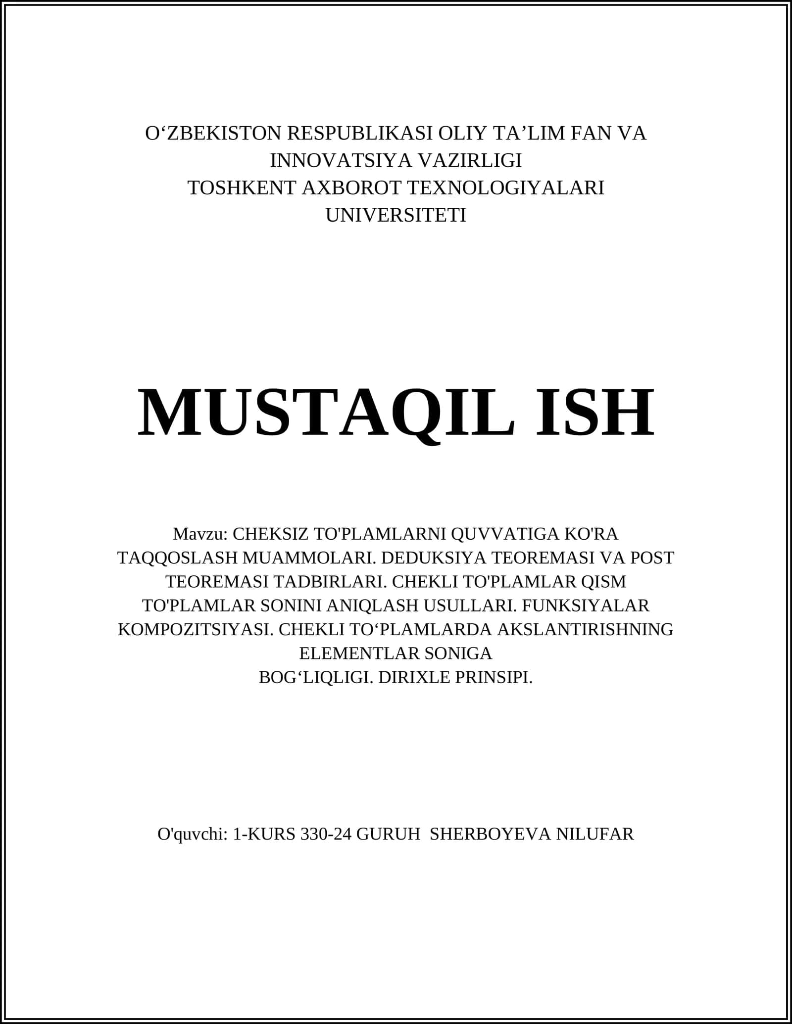 CHEKSIZ TO'PLAMLARNI QUVVATIGA KO'RA TAQQOSLASH MUAMMOLARI