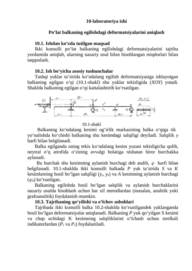 Po‘lat balkaning egilishdagi deformatsiyalarini aniqlash