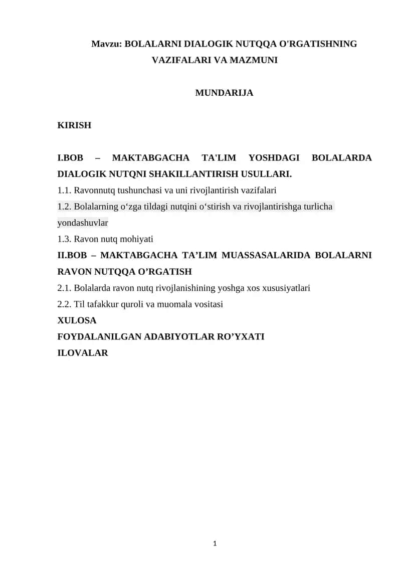 BOLALARNI DIALOGIK NUTQQA O'RGATISHNING VAZIFALARI VA MAZMUNI