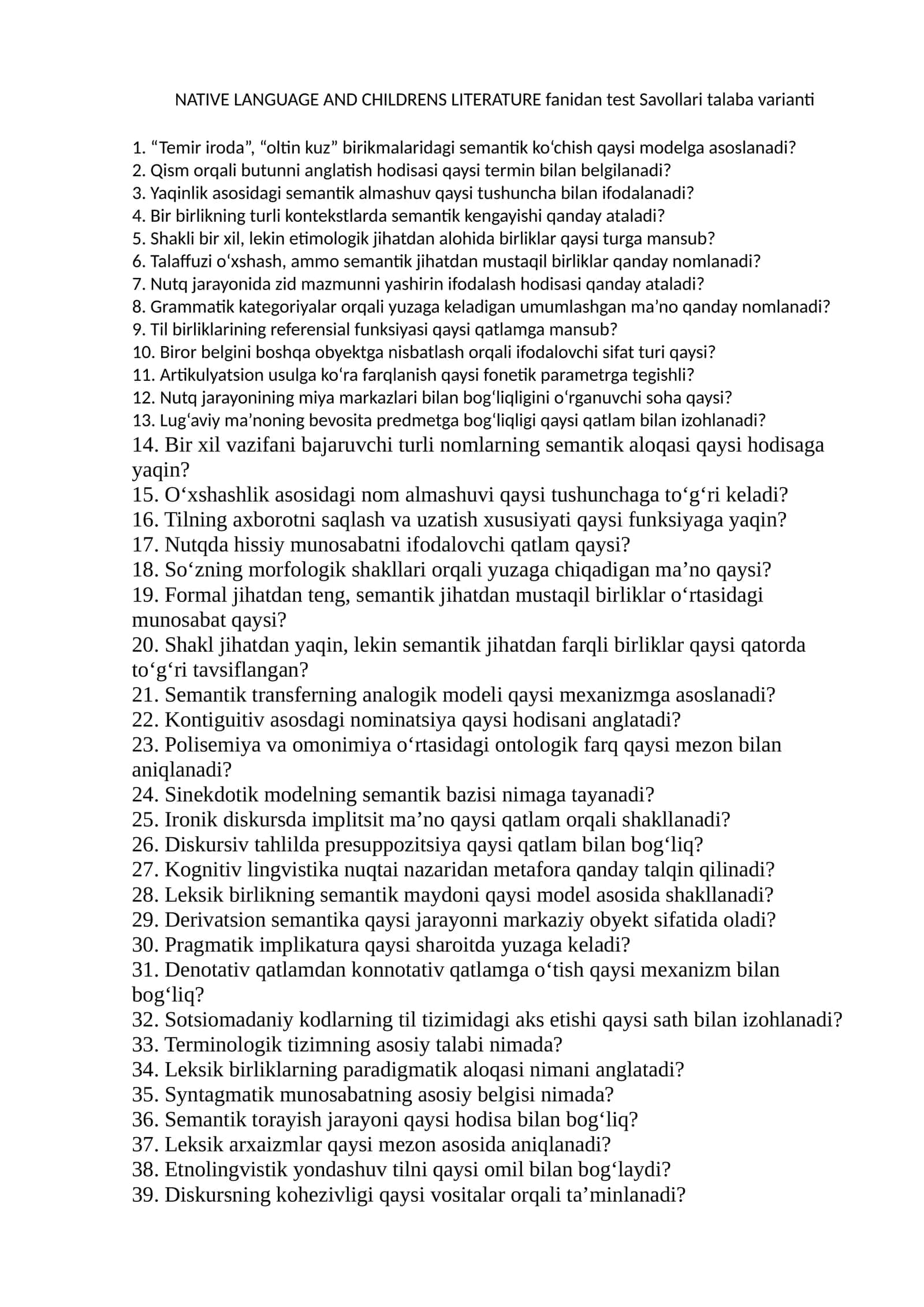 NATIVE LANGUAGE AND CHILDRENS LITERATURE fanidan test Savollari talaba varianti